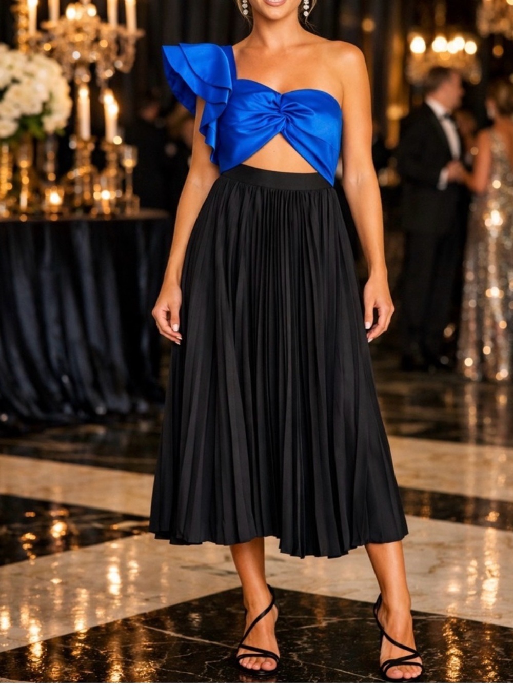 Amur cleopatra pleated dress One-Shoulder Royal Blue and Black Evening Gown